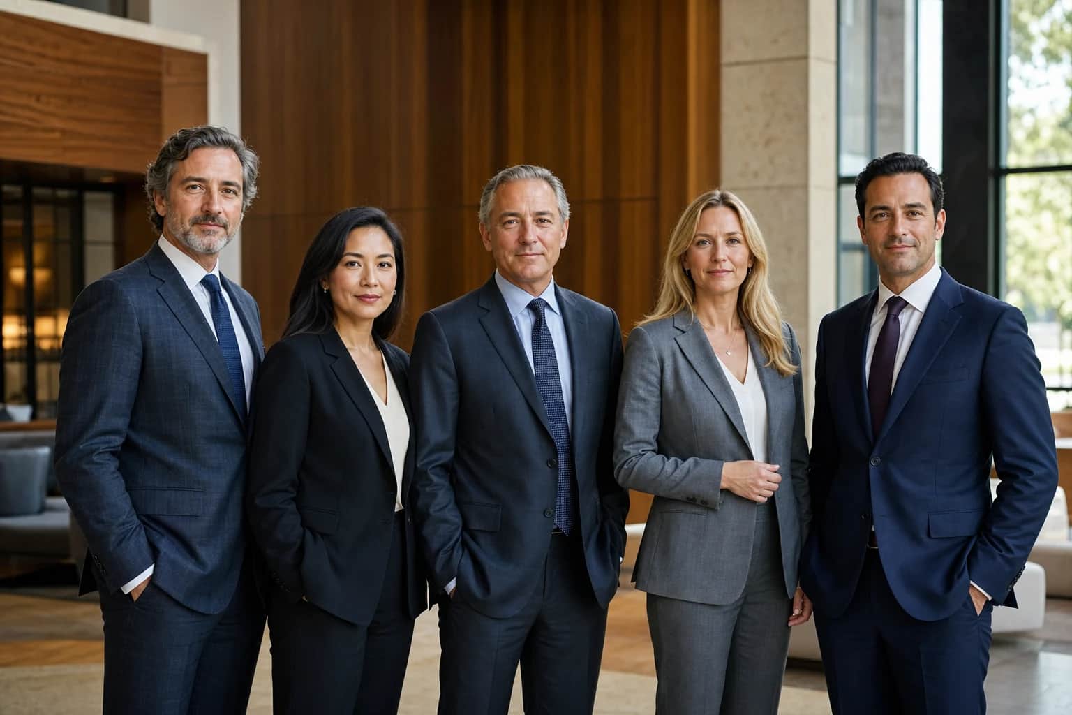 Five attorneys in dark suits standing together in a modern firm lobby with warm walnut paneling