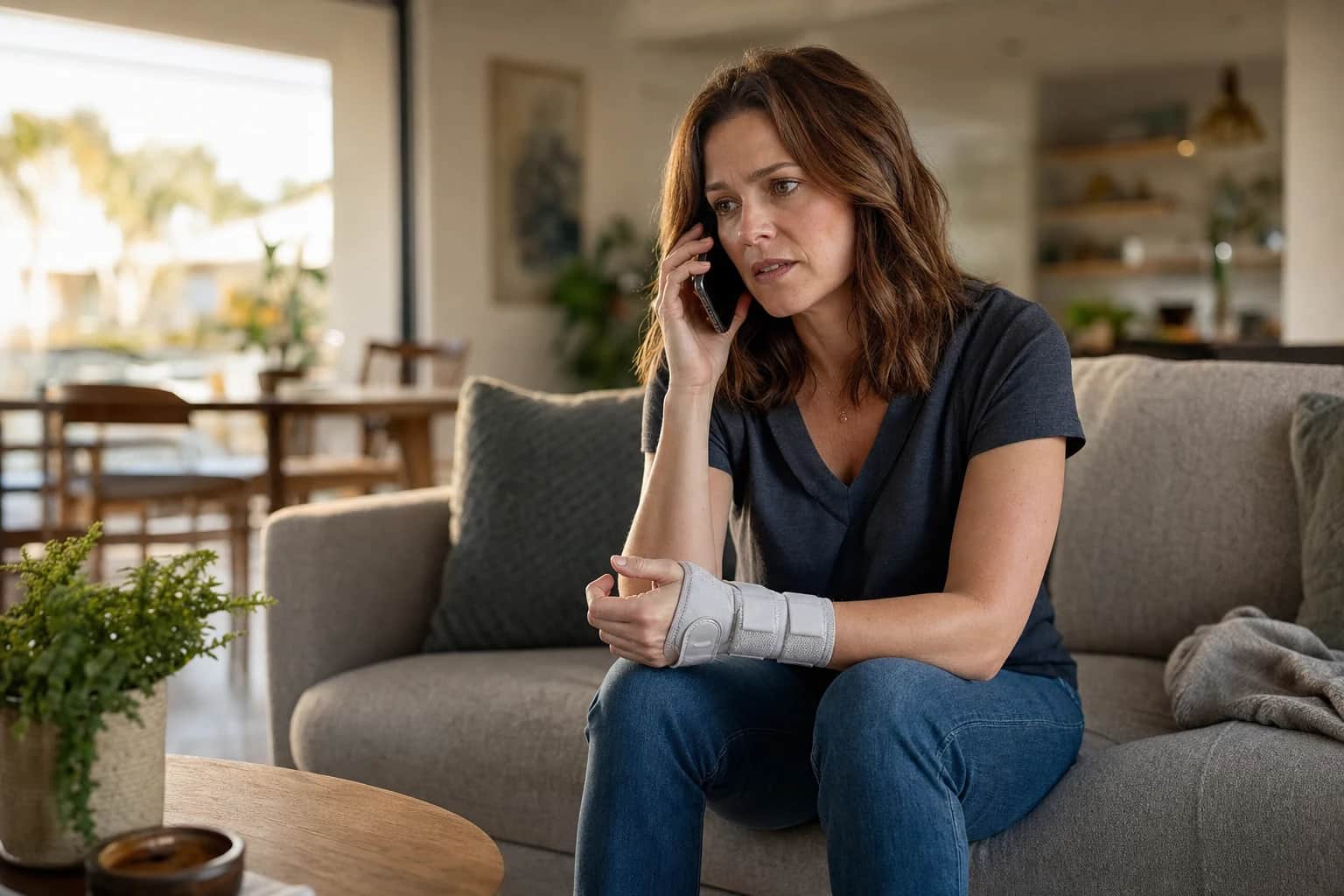 A woman at home with a wrist brace, on the phone, listening carefully