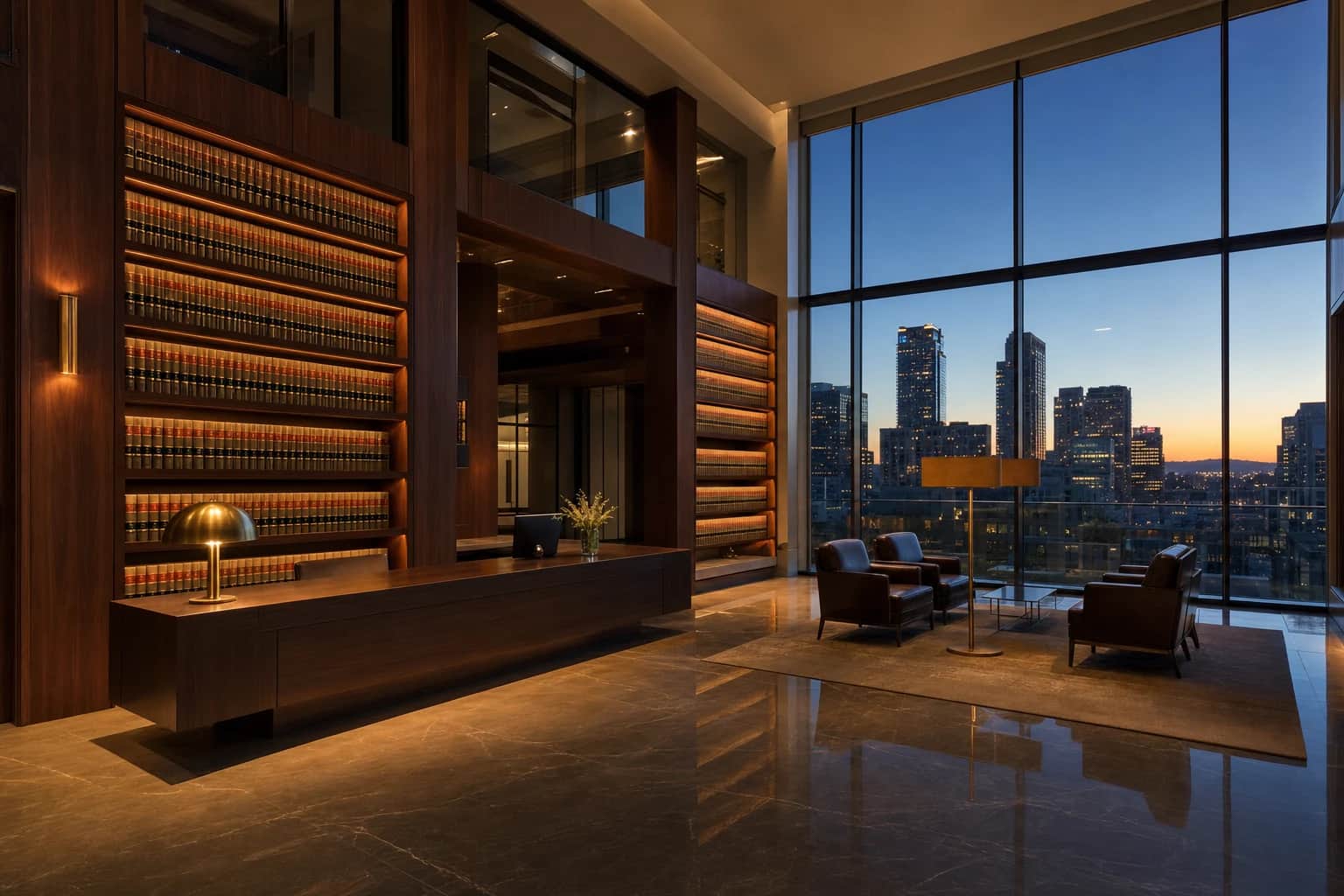 Empty law-firm lobby at dusk — a double-height wall of case reporters in walnut shelving beside floor-to-ceiling windows over a California skyline
