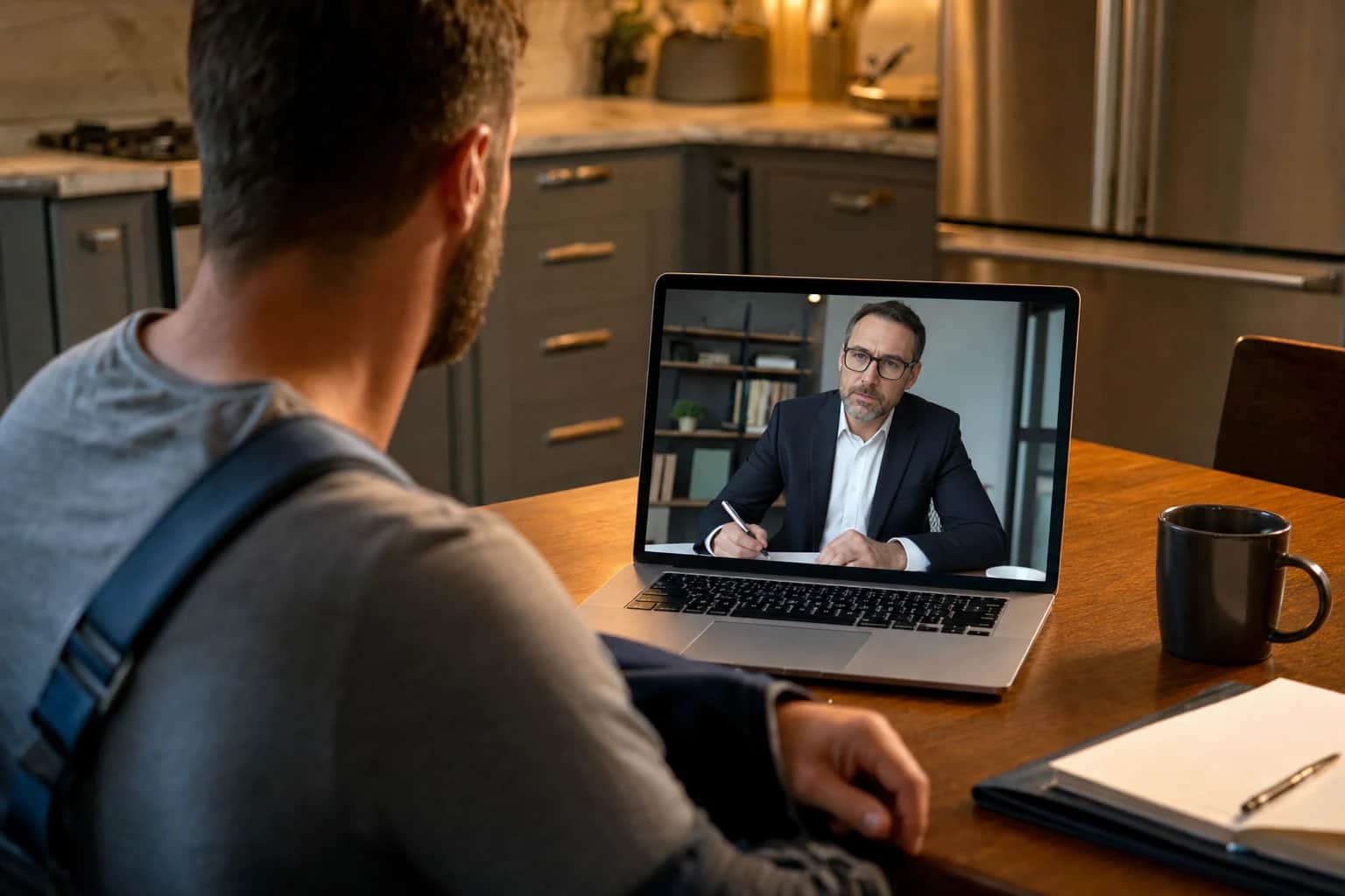 Over the shoulder of a client with an arm sling, on a video call with an attorney